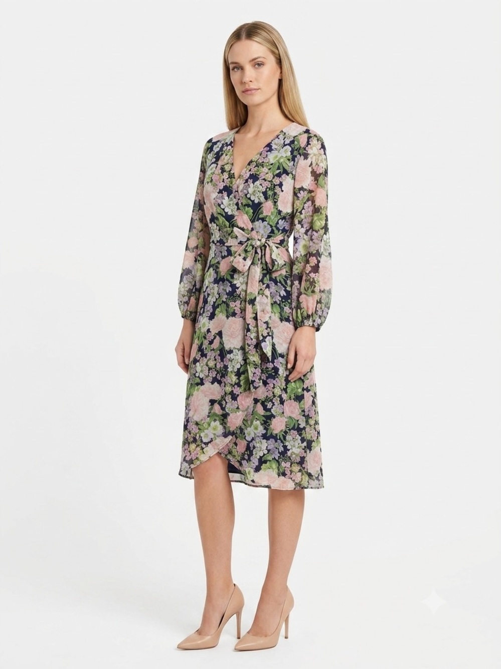 Floral Wrap Dress Sheer Long Sleeve Size 12